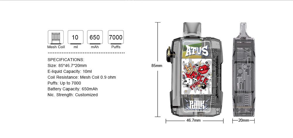 DE012 Florida FL USA 7000 Puffs Disposable Vape with Full screen rechargeable and adjustable airflow ATVS Vape