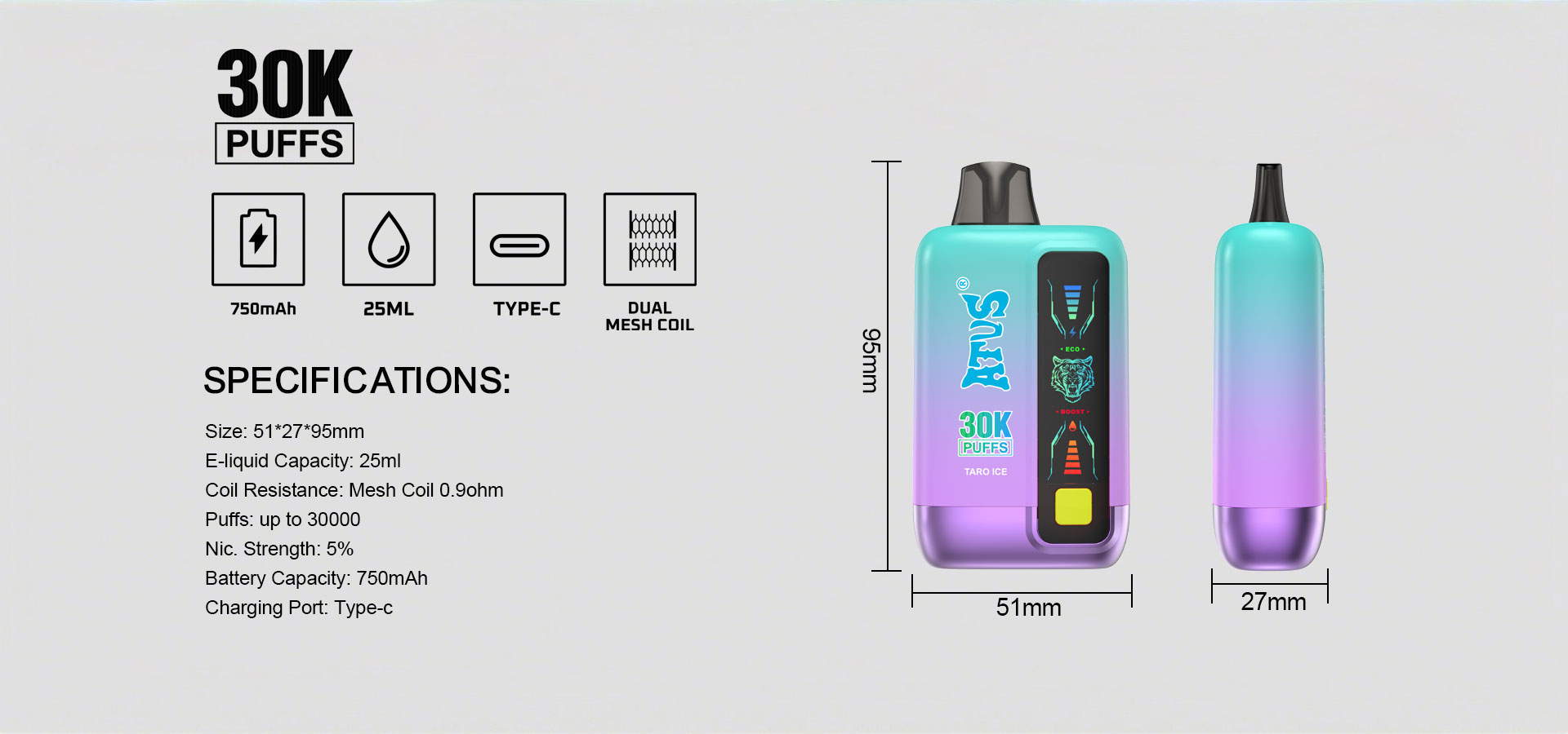 DE026 Florida FL USA 30000 Puffs Disposable Vape with LED display screen and adjustable airflow ATVS Vape